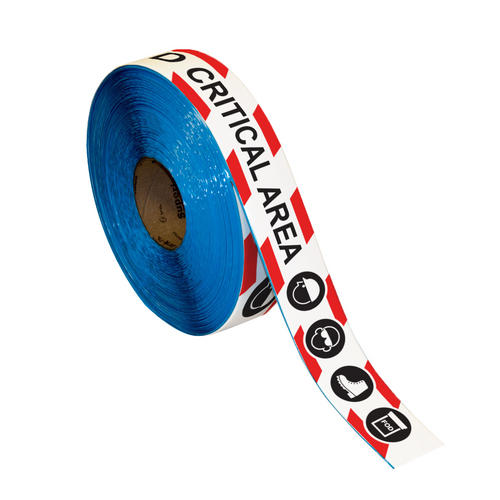 Superior Mark® Floor Tape - 2" x 100'- FOD CRITICAL AREA - Red/Whte Hazard Bkgd/Black Text